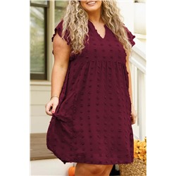 Burgundy Plus Size Swiss Dot Ruffled Sleeve V Neck Dress