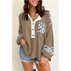 Chestnut Leopard Patchwork Chest Pocket Corded Henley Top