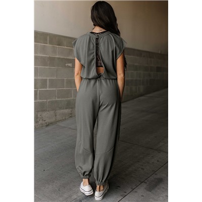 Medium Grey Cap Sleeve Open Back Drawstring Jogger Jumpsuit