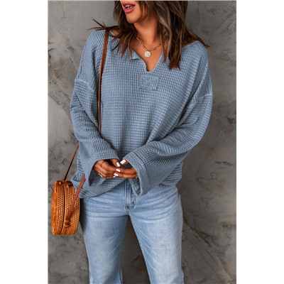 Dusk Blue Waffle Knit Loose Long Sleeve Top