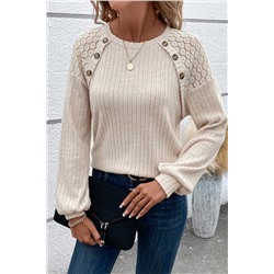 Parchment Contrast Lace Raglan Sleeve Buttoned Ribbed Top