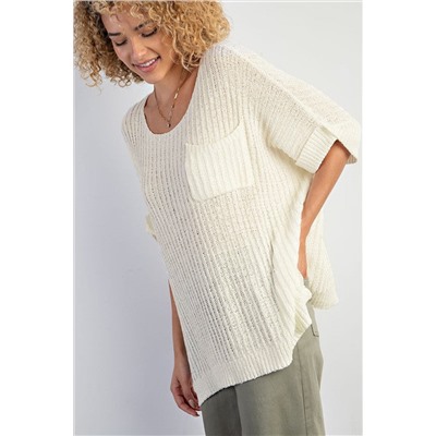 White Rolled Cuffs Loose Knit Tee with Slits