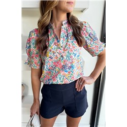 Pink Floral Print Button Split Neck Puff Sleeve Blouse