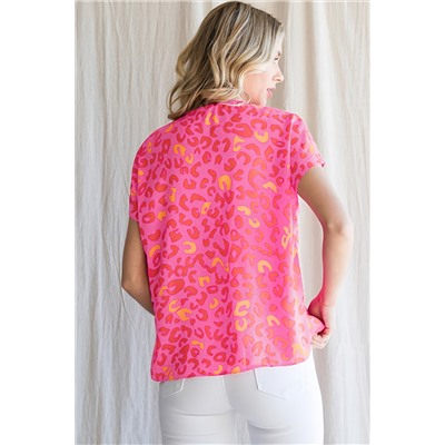 Pink Leopard V Neck Short Sleeve Blouse