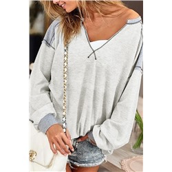 Gray Exposed Seam Ribbed Patchwork V Neck Sweatshirt