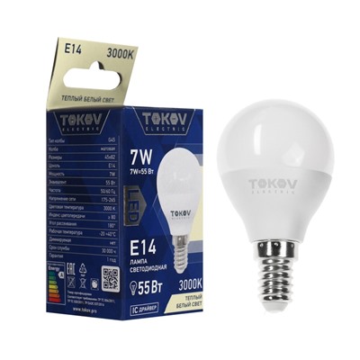 Лампа светодиодная TOKOV ELECTRIC, 7 Вт, G45, 3000 К, Е14, 176-264В