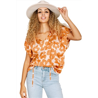 Orange Satin Floral Puff Sleeve Tied Split Neck Top