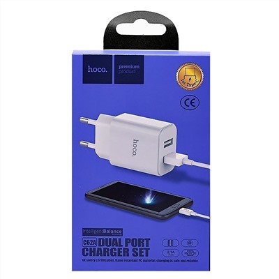 Адаптер Сетевой с кабелем Hoco C62A Victoria 2USB 2,1A/10W (USB/Type-C) (white)