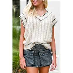 White Contrast Trim V Neck Cable Knit Sweater Vest