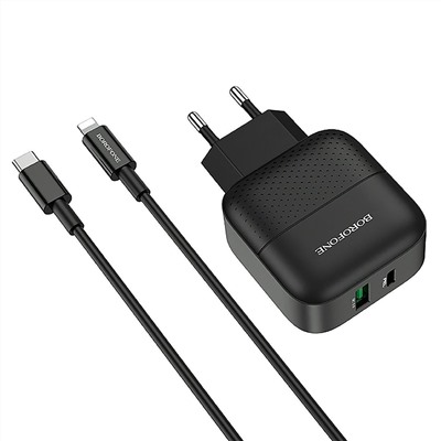 Адаптер Сетевой с кабелем Borofone BA46A Premium PD QC3.0 USB/Type-C 3A/18W (Lightning/Type-C) (black)