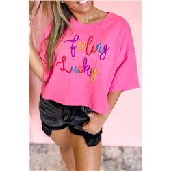 Bonbon Feeling Lucky Embroidered Letter Graphic Half Sleeve Top