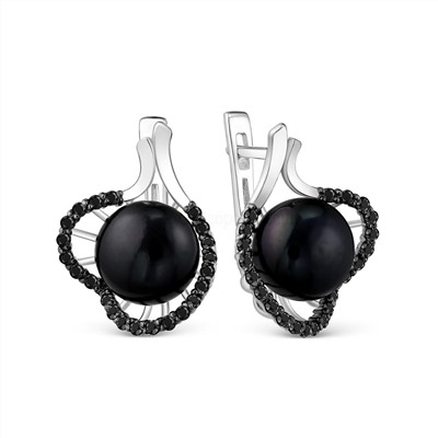 Кольцо женское из серебра с культ.чёрным жемчугом и чёрной шпинелью родированное