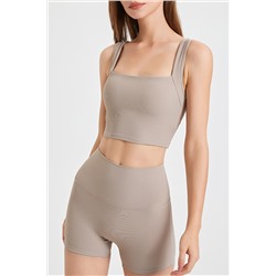 Pale Khaki Square Neck Cutout Back Crop Yoga Tank Top