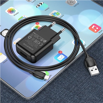 Адаптер Сетевой с кабелем Borofone BA64A (повр. уп.) USB 2,1A/5W (USB/Micro USB) (black)
