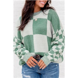 Mint Green Checkered Print Drop Shoulder Sweater