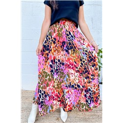 White Abstract Floral Print Ruffled High Waist Maxi Skirt