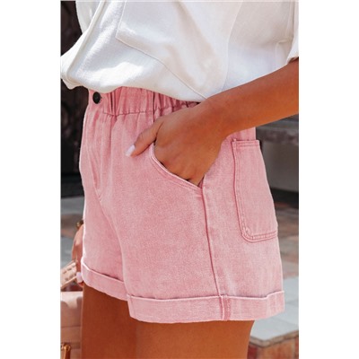 Dusty Pink Vintage Washed Frilled High Waist Denim Shorts