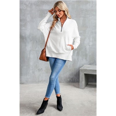 White Oversized Quarter-Zip Pullover Sweatshirt