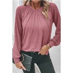 Rose Pink Contrast Lace Raglan Sleeve Plicate Round Neck Top