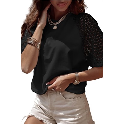 Black Pointelle Lace Half Sleeve Crew Neck Tee