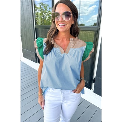 Mist Blue Colorblock Ruffled Sleeve Frill V Neck Blouse