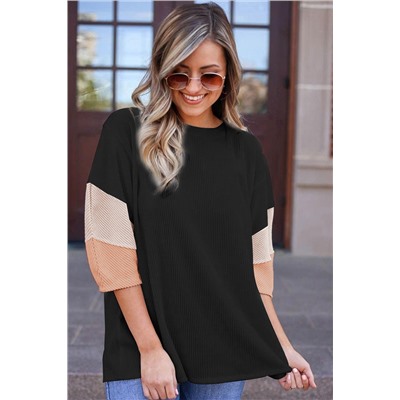 Carbon Grey Color Block Ribbed Knit Quarter Sleeve Top