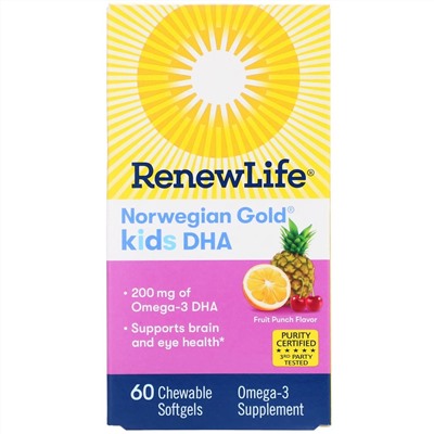 Renew Life, Norwegian Gold, ДГК для детей, со вкусом фруктового пунша, 200 мг, 60 жевательных таблеток