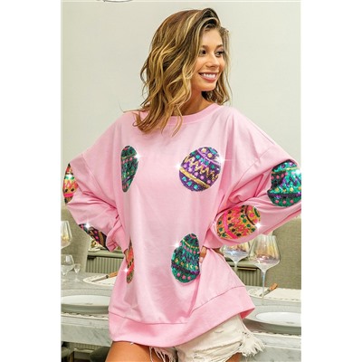 Pink Sequined Easter Egg Drop Shoulder Oversized Sweatshirt