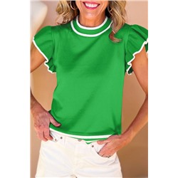 Bright Green Edge Piping Ruffled Sleeve Round Neck Knit T Shirt