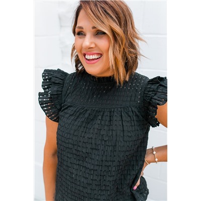 Black Hollowed Texture Ruffle Sleeve Blouse