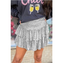 Silvery Sequin Tiered Ruffles Mini Skirt