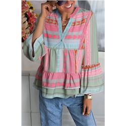 Multicolour Boho Geometric Print Split Neck Ruffle Blouse