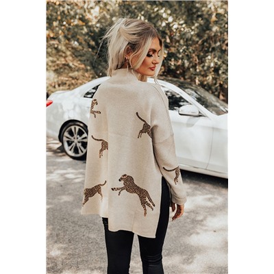 Parchment Lively Cheetah Print High Neck Split Hem Sweater