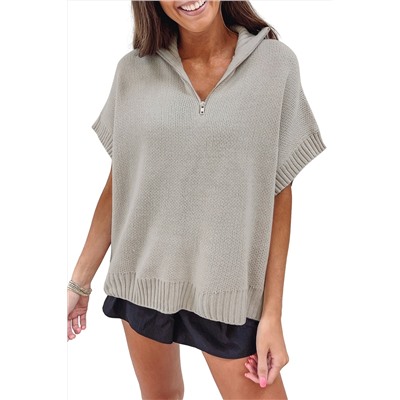 Light Grey Quarter Zip Short Batwing Sleeve Sweater