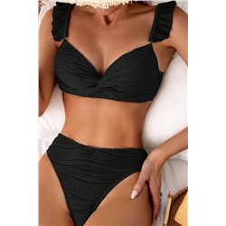 Black Wavy Textured Ruffled Straps Twist Bikini Swimsuit