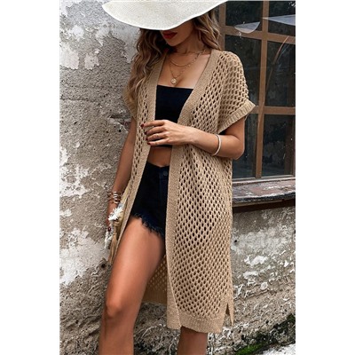 Camel Batwing Sleeve Pointelle Knit Open Front Cardigan