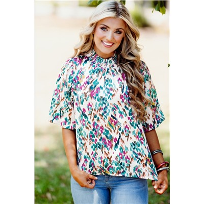 Light Blue Abstract Print Puff Sleeve Mock Neck Blouse