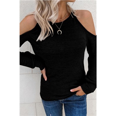 Black Marble Knit Cold Shoulder Long Sleeve Top