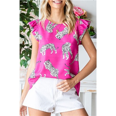 Rose Tiger Pattern Flutter Sleeve Crew Neck Blouse