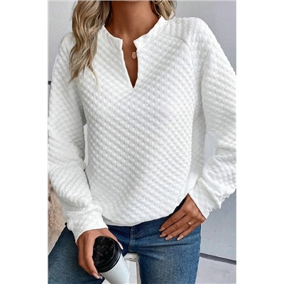 White Split Neck Quilted Long Sleeve Top