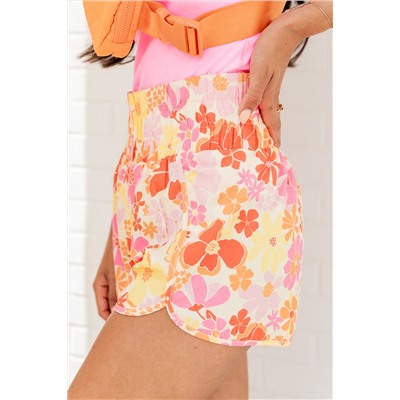 Orange Boho Floral Shirred High Waist Casual Shorts