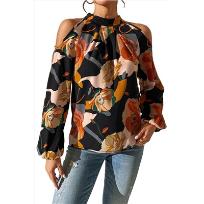 Black Floral Print Cold Shoulder Lantern Sleeve Blouse