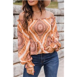 Orange Printed Ruffled Smocked Off Shoulder Blouse