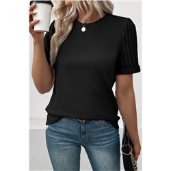 Black Ribbed Splicing Sleeve Round Neck T-shirt