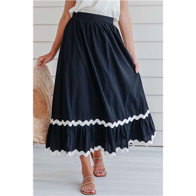 Black Ricrac Trim Colorblock High Waist Long Skirt