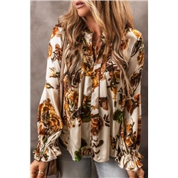 Apricot Gorgeous Floral Split Neck Flounce Sleeve Blouse