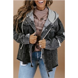 Black Drawstring Hooded Frayed Denim Jacket