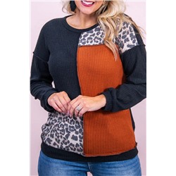 Black Orange Colorblock Leopard Patchwork Waffle Knit Plus Size Top