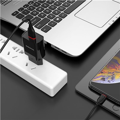 Адаптер Сетевой с кабелем Borofone BA20A Sharp USB 2,1A/10W (USB/Lightning) (black)