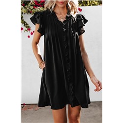 Black Ruffle Sleeve V Neck Frilled Shift Dress